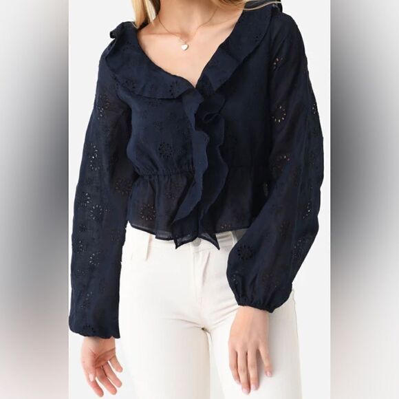 FRAME Frame Women's Ruffle Front Eyelet Top NWT